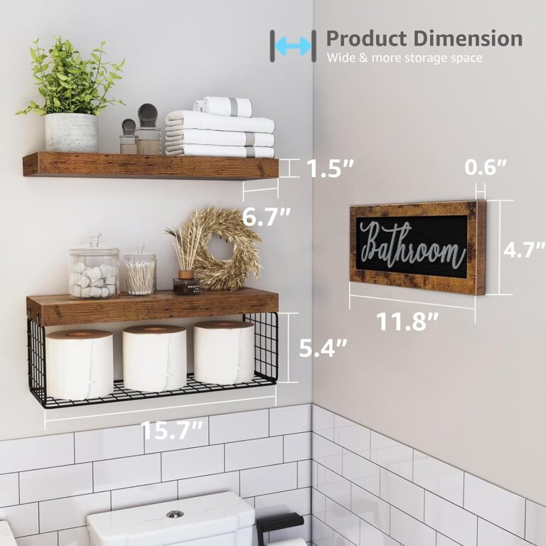 QEEIG Bathroom Shelves Over Toilet, Bathroom Decor Furniture Sets Farmhouse Decorations Aesthetic Décor Sign Small Floating Wall Shelf 2+1 Set 16 inch, Rustic Brown