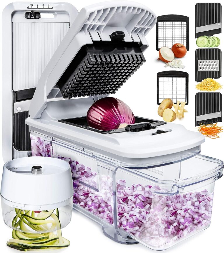 Fullstar All-in-1 Vegetable Chopper, Mandoline Slicer & Cheese Grater – Multi Blade French Fry Cutter & Veggie Dicer – Includes Bonus Handheld Spiralizer & Kitchen Gadgets (6 in 1, Black/White)