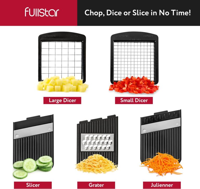 Fullstar All-in-1 Vegetable Chopper, Mandoline Slicer & Cheese Grater – Multi Blade French Fry Cutter & Veggie Dicer – Includes Bonus Handheld Spiralizer & Kitchen Gadgets (6 in 1, Black/White)