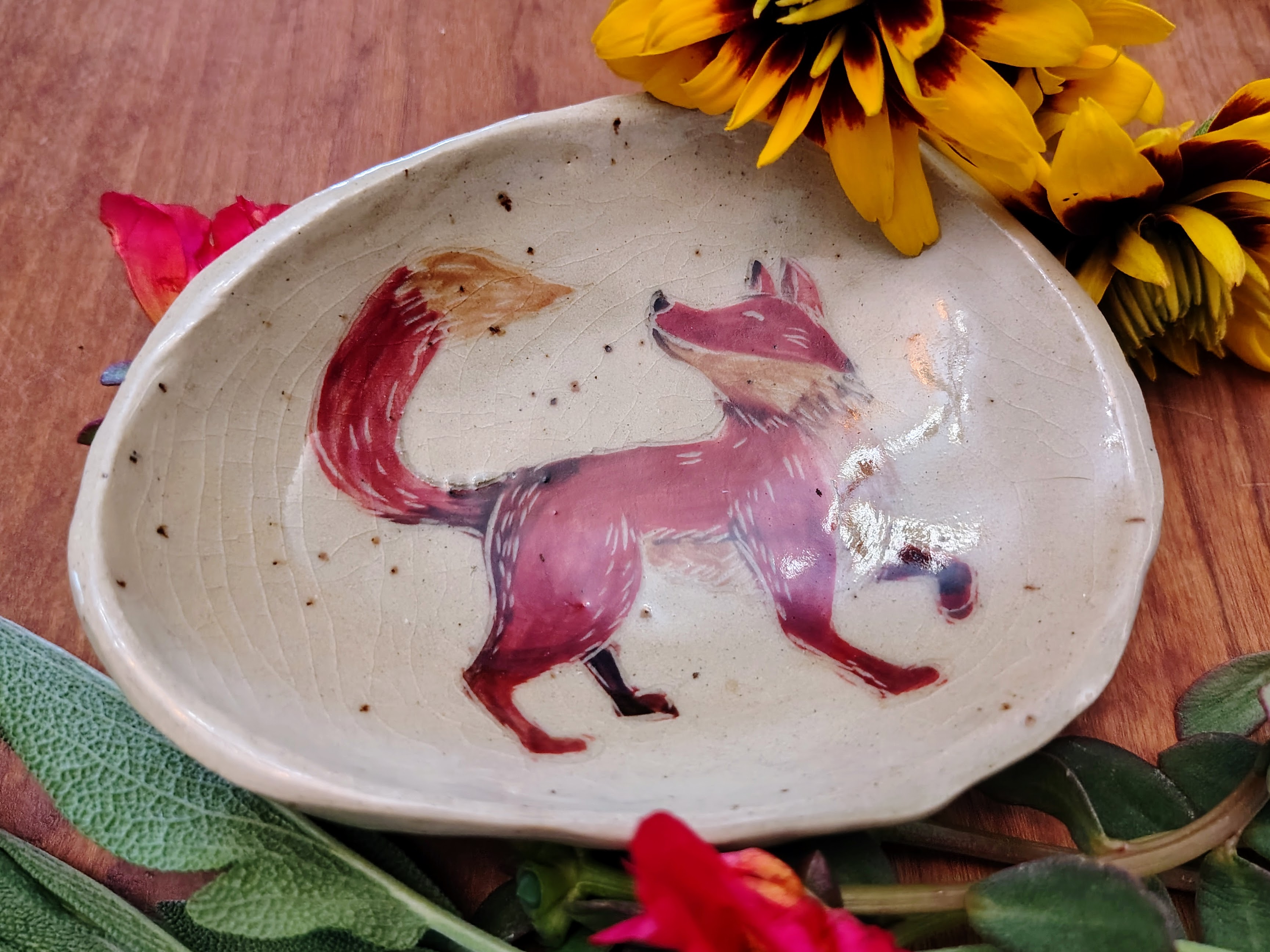 Hand-Painted Fox Ceramic Dish