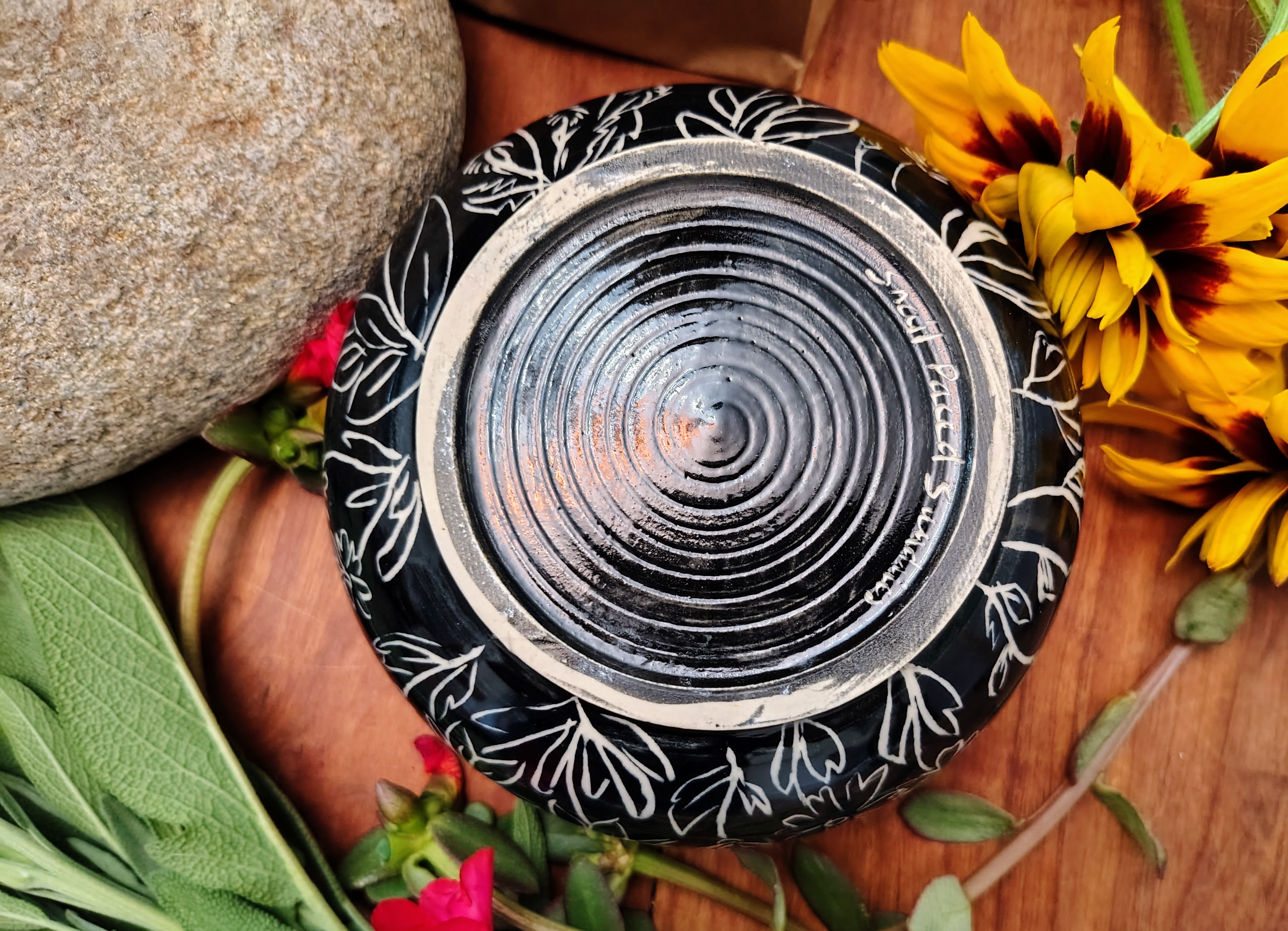 Handcrafted Black Floral Ceramic Bowl
