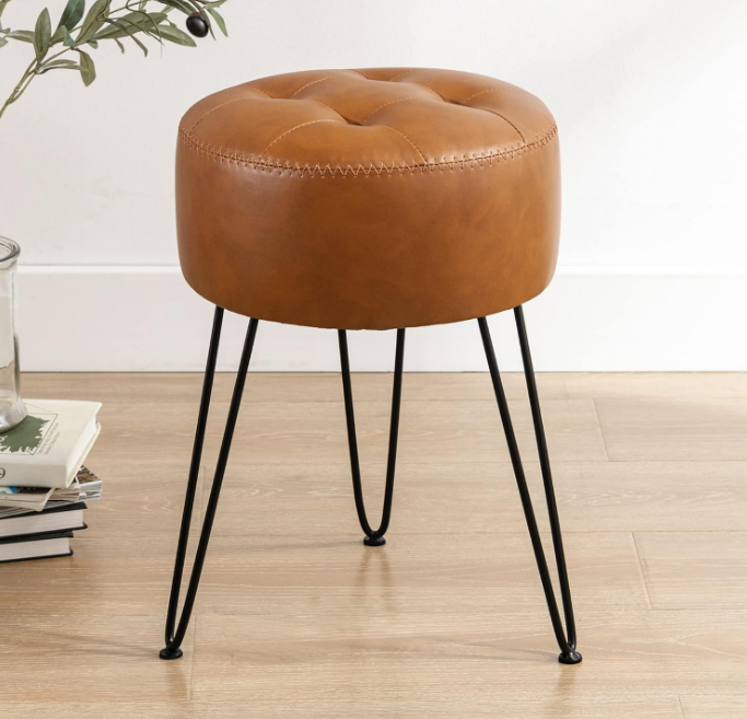 Faux Leather Vanity Stool Chair for Makeup Room，Brown Stool for Vanity, 19” Height, Tufted Small Vanity Chair Stool with Metal Legs, Modern Foot Stool Ottoman for Bedroom, Living Room
