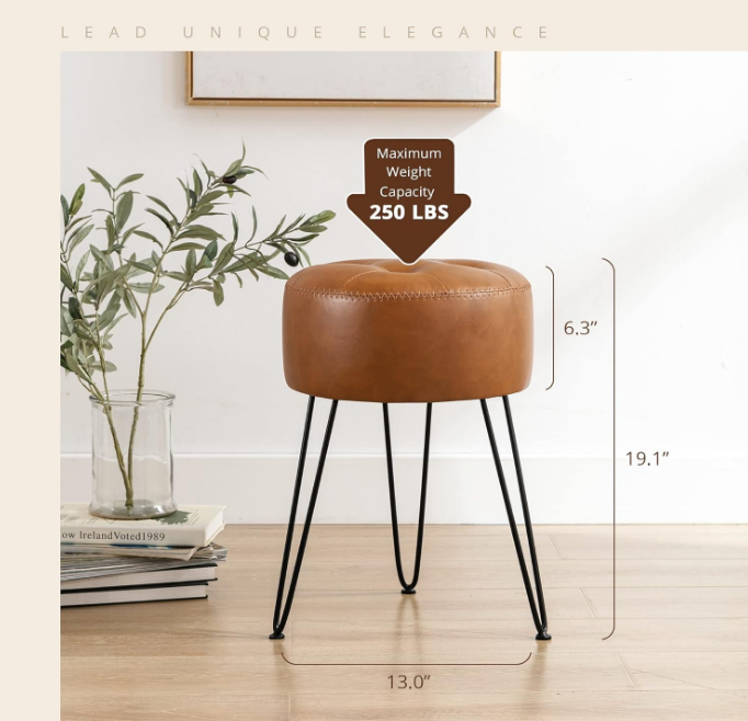 Faux Leather Vanity Stool Chair for Makeup Room，Brown Stool for Vanity, 19” Height, Tufted Small Vanity Chair Stool with Metal Legs, Modern Foot Stool Ottoman for Bedroom, Living Room