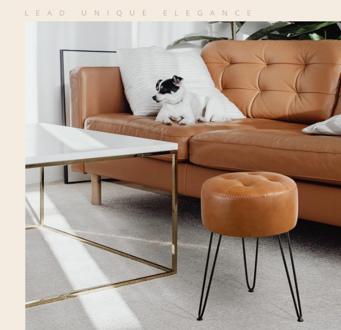 Faux Leather Vanity Stool Chair for Makeup Room，Brown Stool for Vanity, 19” Height, Tufted Small Vanity Chair Stool with Metal Legs, Modern Foot Stool Ottoman for Bedroom, Living Room