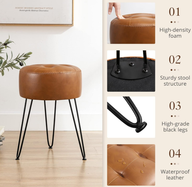 Faux Leather Vanity Stool Chair for Makeup Room，Brown Stool for Vanity, 19” Height, Tufted Small Vanity Chair Stool with Metal Legs, Modern Foot Stool Ottoman for Bedroom, Living Room