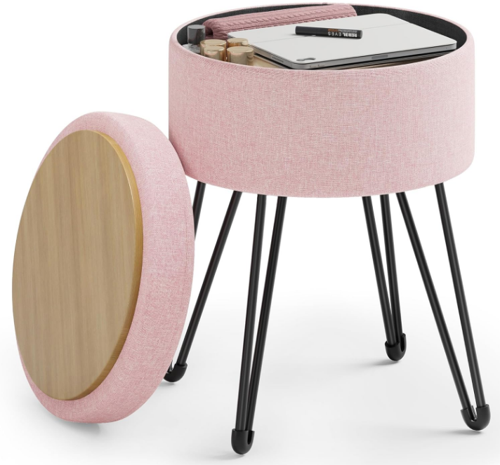 Vanity Stool Chair, Small Ottoman Stool with Storage, Vanity Chair, 15.4 Dia. x 17.4 Inches, 4 Metal Legs, for Makeup Room, for Living Room, Bedroom, Jelly Pink ULOM002R01