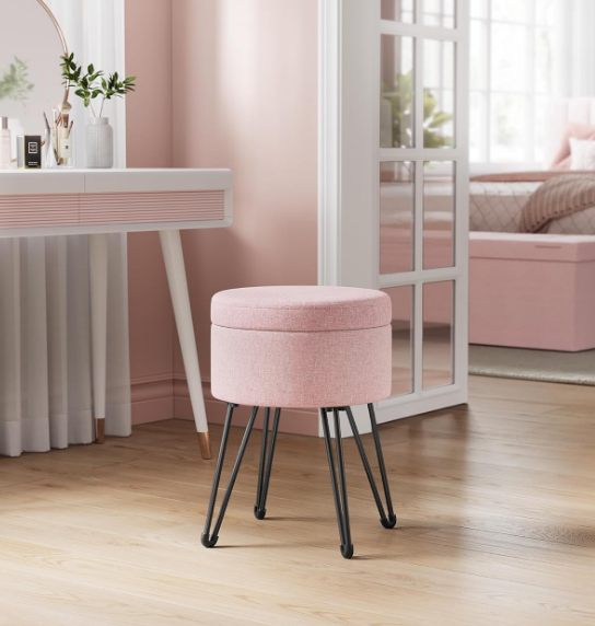 Vanity Stool Chair, Small Ottoman Stool with Storage, Vanity Chair, 15.4 Dia. x 17.4 Inches, 4 Metal Legs, for Makeup Room, for Living Room, Bedroom, Jelly Pink ULOM002R01