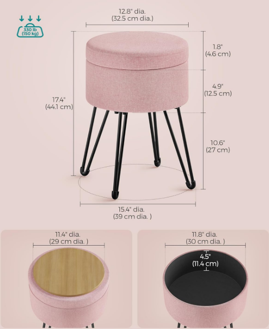 Vanity Stool Chair, Small Ottoman Stool with Storage, Vanity Chair, 15.4 Dia. x 17.4 Inches, 4 Metal Legs, for Makeup Room, for Living Room, Bedroom, Jelly Pink ULOM002R01