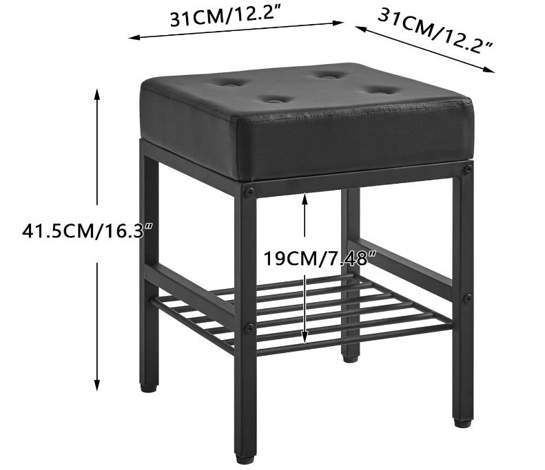 Square Makeup Stool with Adjustable Feet and Storage Space, Footrest Stool, PU Seat Vanity Stool, Multi-Use as Small Side Table or Ottoman, for Bedroom