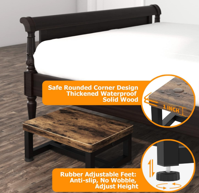 Wooden Step Stools for Adults Kids with Non-Slip Rubber Feet, Heavy Duty Stepping Stools with 500-LBS Capacity for Bedroom Kitchen Bathroom, Bed Steps for High Beds, Easy to Assemble, Rustic Brown