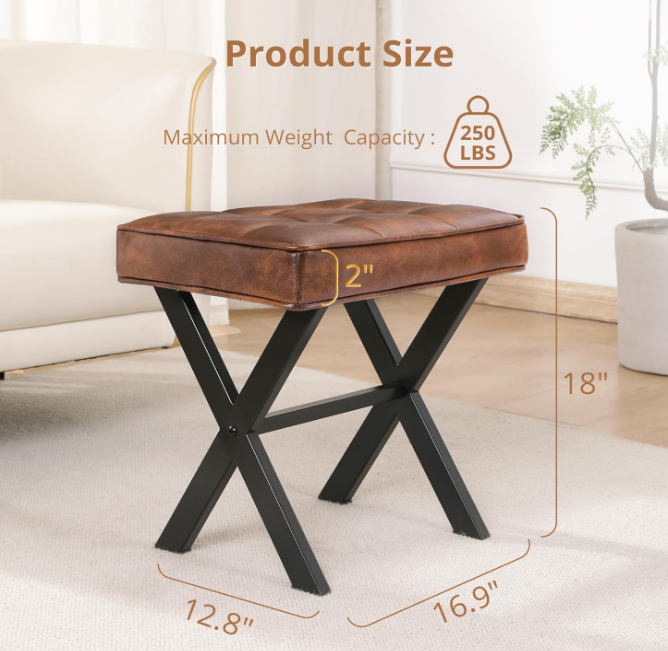 Vanity Stool, Square Faux Leather Makeup Stool with Metal X Legs, Small Ottoman Stool Chair for Vanity, Modern Padded Vanity Seat Foot Rest Stool for Makeup Room, Living Room, Reddish Brown