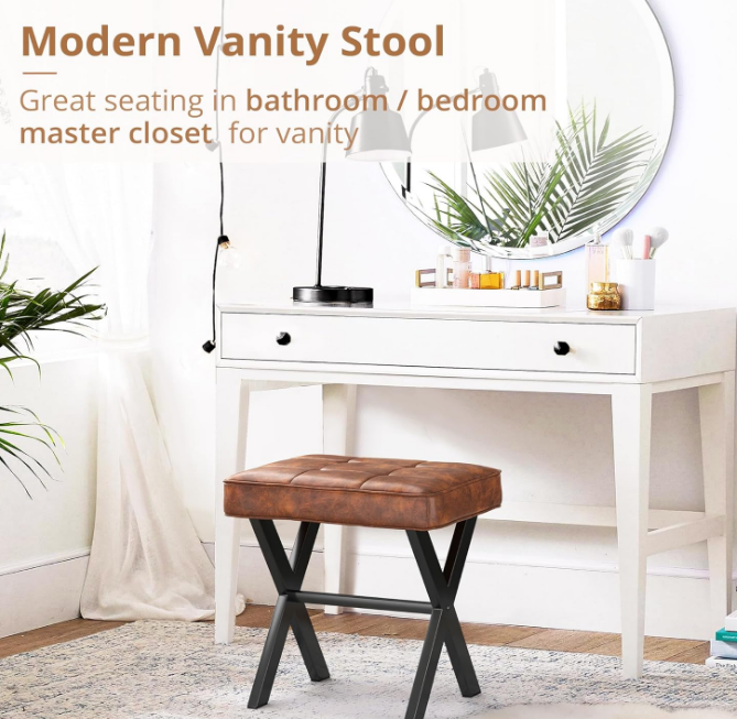 Vanity Stool, Square Faux Leather Makeup Stool with Metal X Legs, Small Ottoman Stool Chair for Vanity, Modern Padded Vanity Seat Foot Rest Stool for Makeup Room, Living Room, Reddish Brown