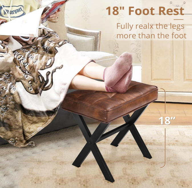 Vanity Stool, Square Faux Leather Makeup Stool with Metal X Legs, Small Ottoman Stool Chair for Vanity, Modern Padded Vanity Seat Foot Rest Stool for Makeup Room, Living Room, Reddish Brown