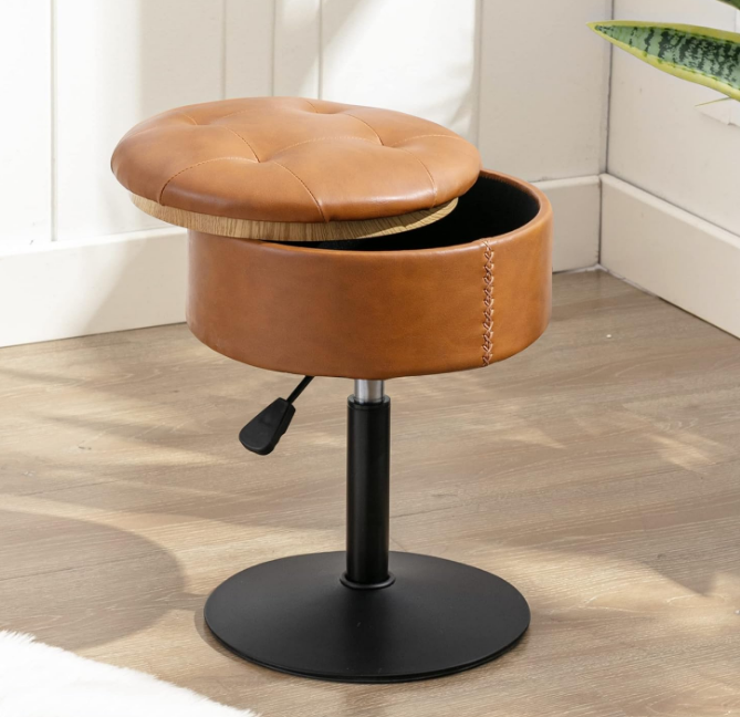 360°Swivel Vanity Stool Chair for Makeup Room, Height Adjustable Stool for Vanity with Storage, Small Whiskey Brown Faux Leather vanity stool for bathroom, living room