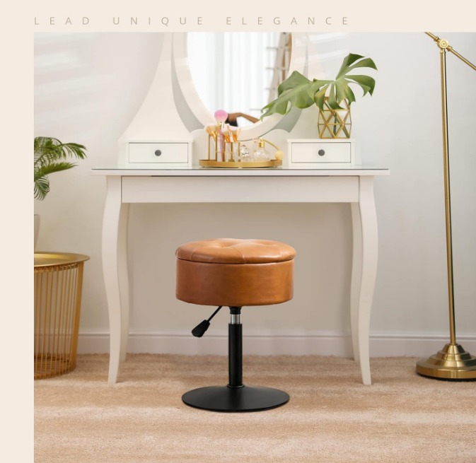 360°Swivel Vanity Stool Chair for Makeup Room, Height Adjustable Stool for Vanity with Storage, Small Whiskey Brown Faux Leather vanity stool for bathroom, living room
