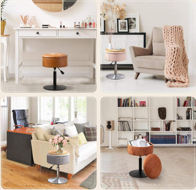 360°Swivel Vanity Stool Chair for Makeup Room, Height Adjustable Stool for Vanity with Storage, Small Whiskey Brown Faux Leather vanity stool for bathroom, living room