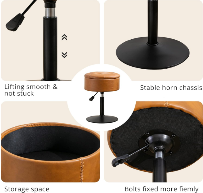 360°Swivel Vanity Stool Chair for Makeup Room, Height Adjustable Stool for Vanity with Storage, Small Whiskey Brown Faux Leather vanity stool for bathroom, living room