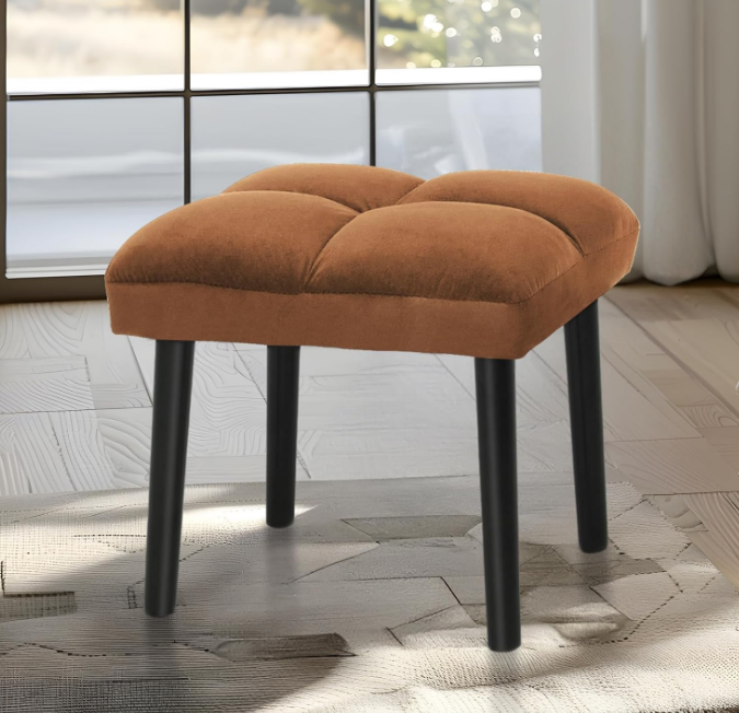 Ottoman Stool, Square Makeup Stool with Wooden Legs, Small Ottoman Stool Chair for Vanity, Modern Padded Sofa Seat Foot Rest Stool(Brown)