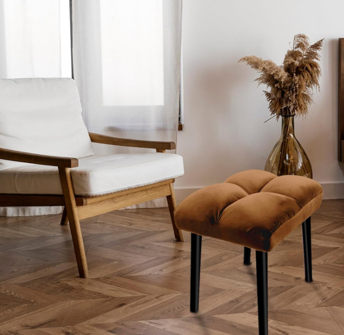 Ottoman Stool, Square Makeup Stool with Wooden Legs, Small Ottoman Stool Chair for Vanity, Modern Padded Sofa Seat Foot Rest Stool(Brown)