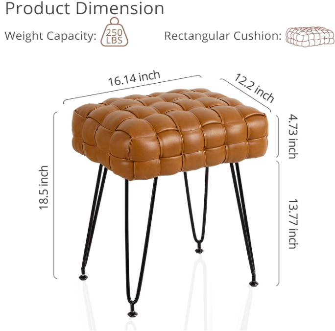 Faux Leather Vanity Stool, Upholstered Make up Bench, Rectangle Ottoman Foot Stool, Tufted Footrest Stool Makeup Stool with Silver Chrome Legs for Living Room, Dressing Room, Whisky Brown