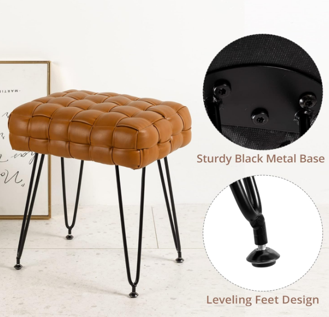 Faux Leather Vanity Stool, Upholstered Make up Bench, Rectangle Ottoman Foot Stool, Tufted Footrest Stool Makeup Stool with Silver Chrome Legs for Living Room, Dressing Room, Whisky Brown
