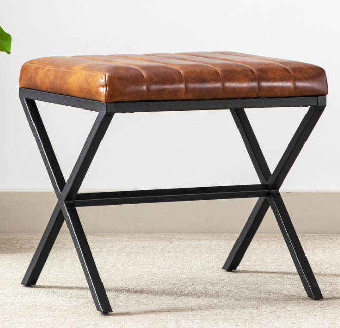 Vanity Stool,Faux Leather Ottoman Stool Chair for Vanity,Small Vanity Bench with Metal X Legs, Rectangle Vanity Seat Foot Rest Stool for Dressing Room, Living Room, Bathroom,Yellowish Brown