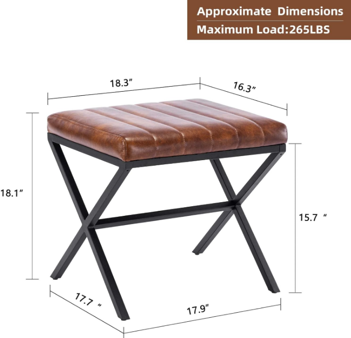 Vanity Stool,Faux Leather Ottoman Stool Chair for Vanity,Small Vanity Bench with Metal X Legs, Rectangle Vanity Seat Foot Rest Stool for Dressing Room, Living Room, Bathroom,Yellowish Brown