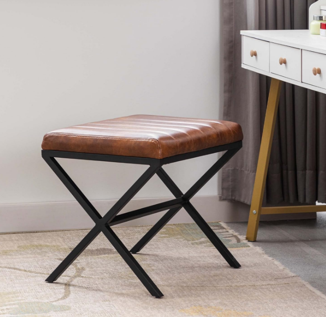 Vanity Stool,Faux Leather Ottoman Stool Chair for Vanity,Small Vanity Bench with Metal X Legs, Rectangle Vanity Seat Foot Rest Stool for Dressing Room, Living Room, Bathroom,Yellowish Brown
