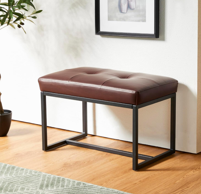 Ottoman Bench, Modern PU Leather Vanity Stools Chairs with Metal Frame, Makeup Stool Padded Foot Rest Stool for Living Room Vanity, Entryway, Bathroom, Brown