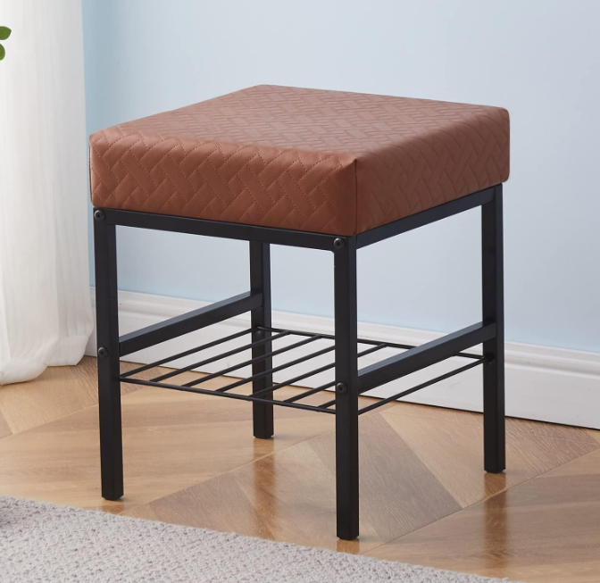 Vanity Stool Foot Stools Faux Leather Ottoman Stool Square Ottoman Bench Modern Dressing Stool Small Stool Side Table Footstool with Metal Leg Vanity Stool for Bathroom Living Room Brown