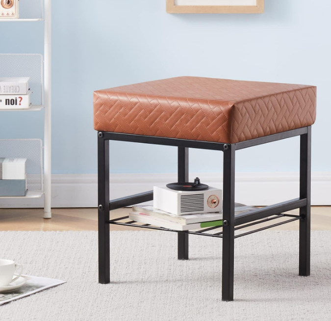 Vanity Stool Foot Stools Faux Leather Ottoman Stool Square Ottoman Bench Modern Dressing Stool Small Stool Side Table Footstool with Metal Leg Vanity Stool for Bathroom Living Room Brown