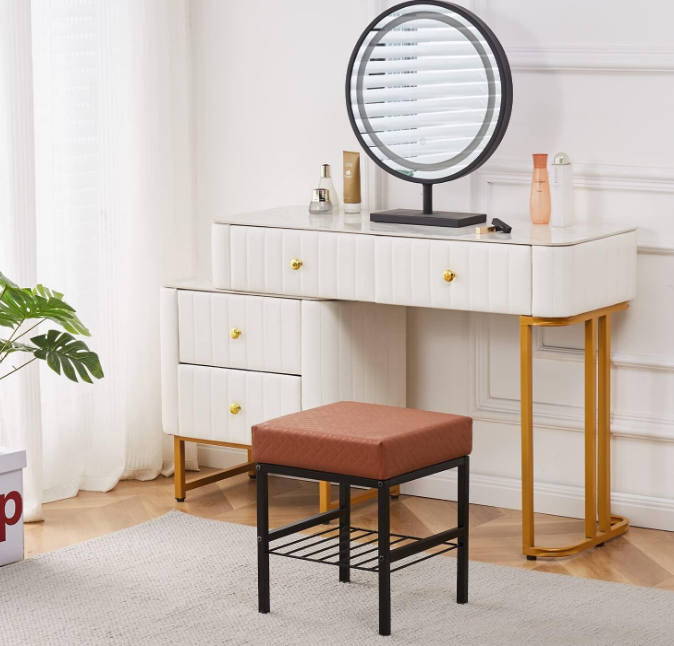 Vanity Stool Foot Stools Faux Leather Ottoman Stool Square Ottoman Bench Modern Dressing Stool Small Stool Side Table Footstool with Metal Leg Vanity Stool for Bathroom Living Room Brown