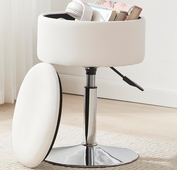 Adjustable Ottoman Stool White Vanity Stool Vanity Chair for Makeup Room Stool Chair for Vanity Stool with Storage Makeup Stools with Storage Swivel Makeup Chair for Bathroom Faux Leather