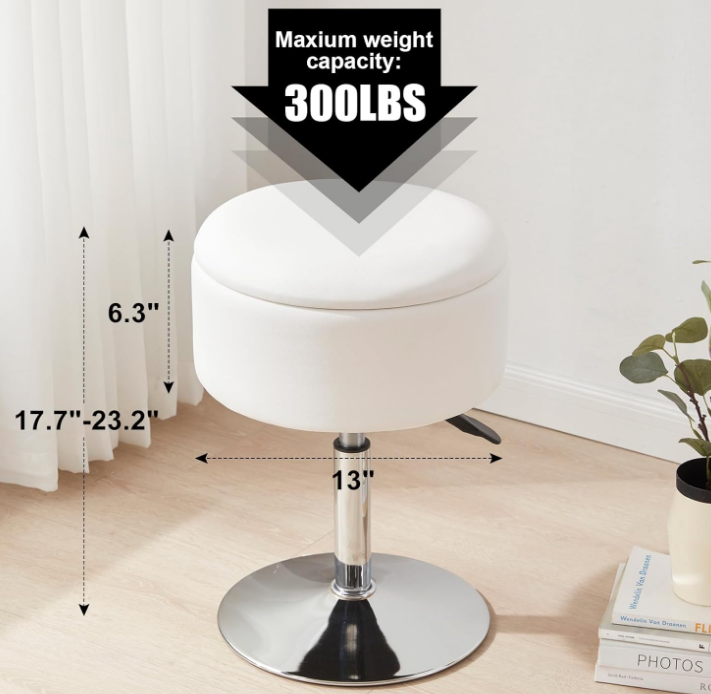 Adjustable Ottoman Stool White Vanity Stool Vanity Chair for Makeup Room Stool Chair for Vanity Stool with Storage Makeup Stools with Storage Swivel Makeup Chair for Bathroom Faux Leather