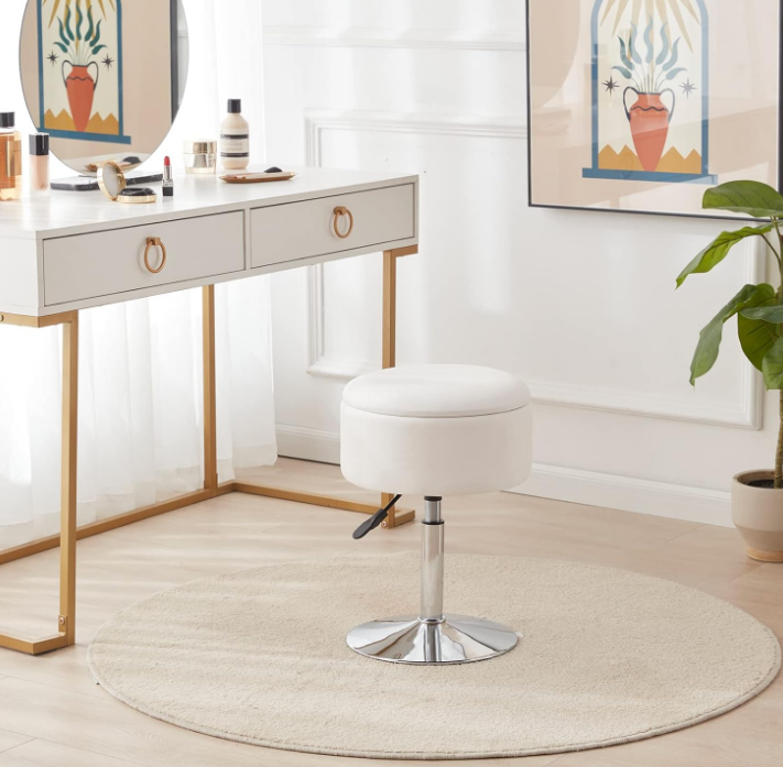 Adjustable Ottoman Stool White Vanity Stool Vanity Chair for Makeup Room Stool Chair for Vanity Stool with Storage Makeup Stools with Storage Swivel Makeup Chair for Bathroom Faux Leather