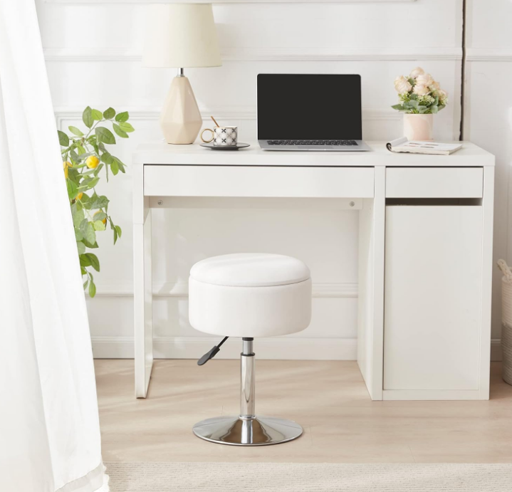 Adjustable Ottoman Stool White Vanity Stool Vanity Chair for Makeup Room Stool Chair for Vanity Stool with Storage Makeup Stools with Storage Swivel Makeup Chair for Bathroom Faux Leather