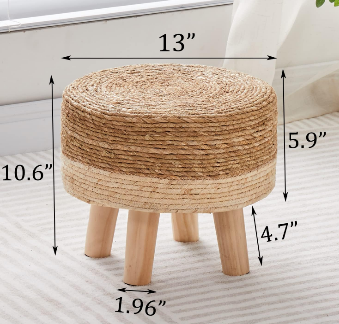 Foot Stool Natural Seagrass Hand Weave Poufs Round Ottoman for Couch Desk Soft Step Stool Padded Foot Rest with Non-Skid Pine Legs for Hallway Office Lounge Natural/White