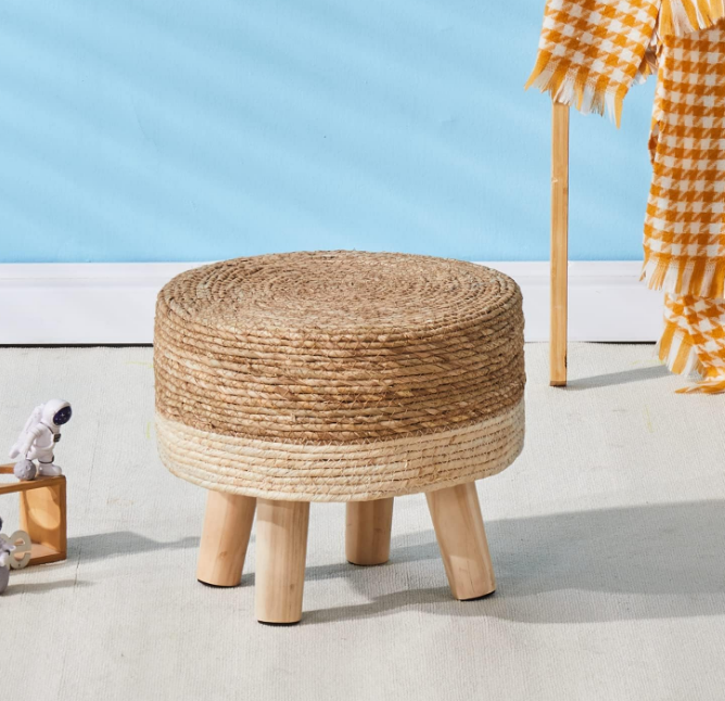 Foot Stool Natural Seagrass Hand Weave Poufs Round Ottoman for Couch Desk Soft Step Stool Padded Foot Rest with Non-Skid Pine Legs for Hallway Office Lounge Natural/White