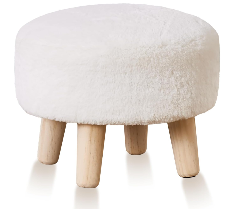 Round Footstool Ottoman Rabbit Wool Mushroom Stool Solid Wood Stool Small Upholstered Ottoman Shoe Changing Foot Stool Step Stool Sofa Footrest Stool for Living Room Bedroom (White)