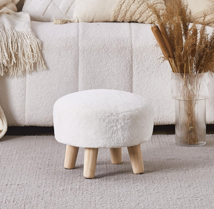 Round Footstool Ottoman Rabbit Wool Mushroom Stool Solid Wood Stool Small Upholstered Ottoman Shoe Changing Foot Stool Step Stool Sofa Footrest Stool for Living Room Bedroom (White)