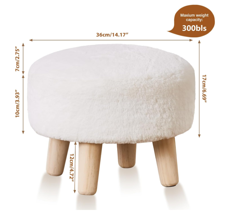 Round Footstool Ottoman Rabbit Wool Mushroom Stool Solid Wood Stool Small Upholstered Ottoman Shoe Changing Foot Stool Step Stool Sofa Footrest Stool for Living Room Bedroom (White)