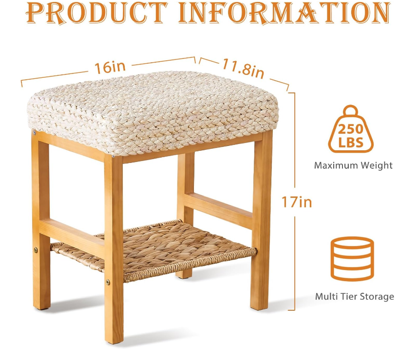 Foot Stool Natural Seagrass Hand Weave Poufs Square Ottoman Bench Modern Dressing Stool Small Stool Side Table Footstool with Wood Legs Vanity Stool for Bathroom Living Room Natural White
