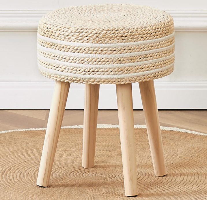 Round Ottoman Footstool Natural Seagrass Foot Stool Pouf Ottomans with Solid Wood Legs Hand Weave Hyacinth Footrest Step Stool for Living Room Balcony Garden Natural & White