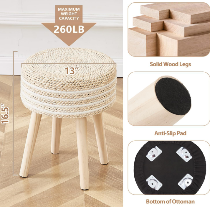 Round Ottoman Footstool Natural Seagrass Foot Stool Pouf Ottomans with Solid Wood Legs Hand Weave Hyacinth Footrest Step Stool for Living Room Balcony Garden Natural & White