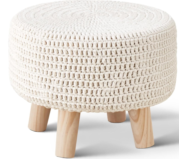 Pouf Ottoman, 100% Cotton Knitted Boho Footstool, Round Footrest with Non-Skid Wood Legs, Home Décor Handmade Pouffe, Leisure Floor Step Stool for Living Room (Beige)