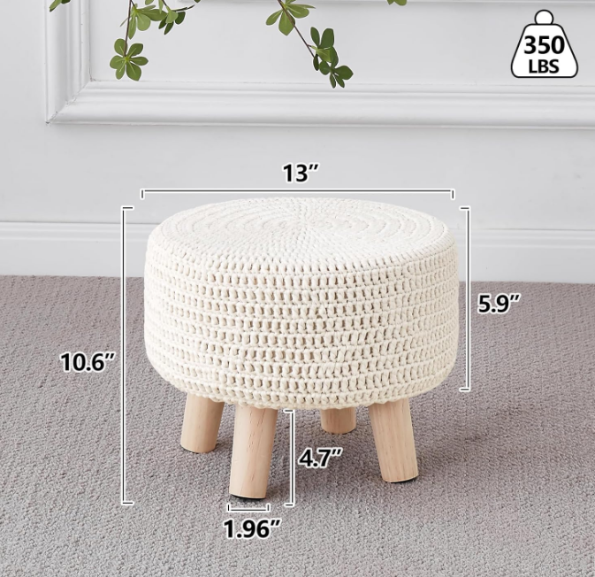 Pouf Ottoman, 100% Cotton Knitted Boho Footstool, Round Footrest with Non-Skid Wood Legs, Home Décor Handmade Pouffe, Leisure Floor Step Stool for Living Room (Beige)