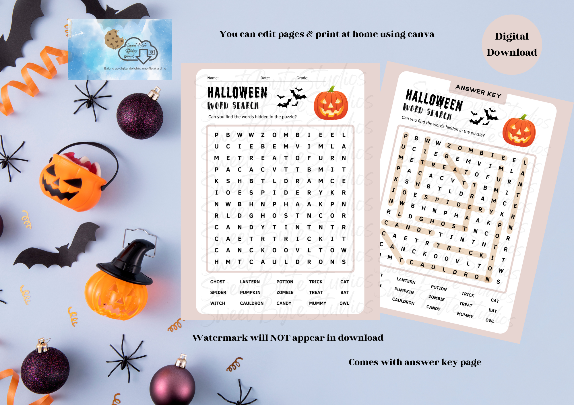 Halloween Word Search comes with link EDITABLE FILES