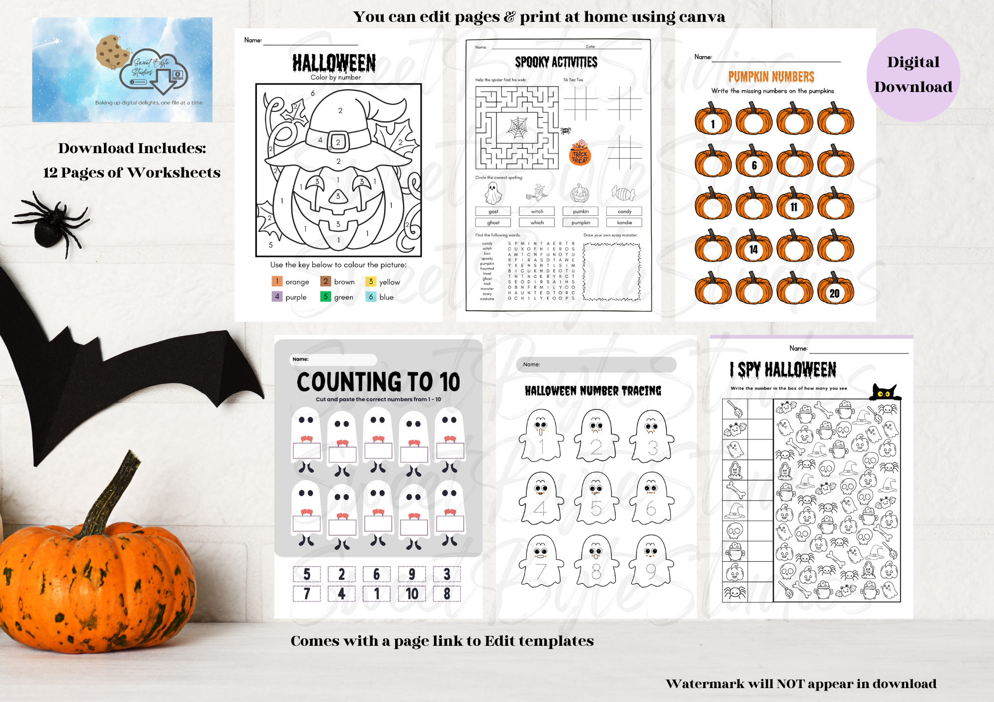 Halloween 12 Page Worksheets comes with link EDITABLE FILES