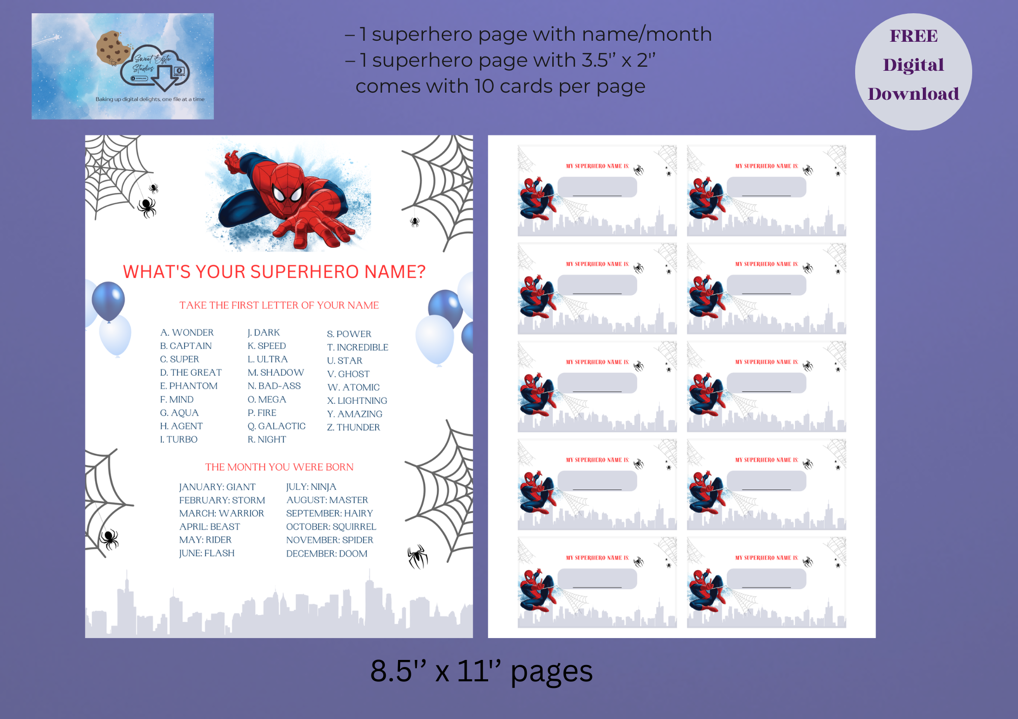 Superhero game page with 3.5'' x 2'' cards PDF Files FREE