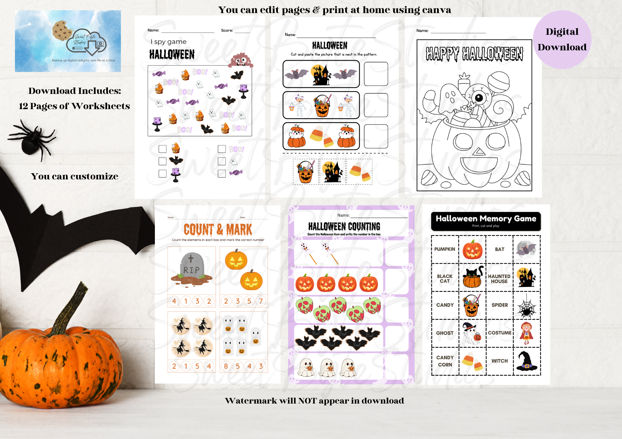 Halloween 12 Page Worksheets comes with link EDITABLE FILES